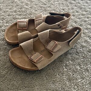 Beige Suede Birkenstock Sandals with Buckles